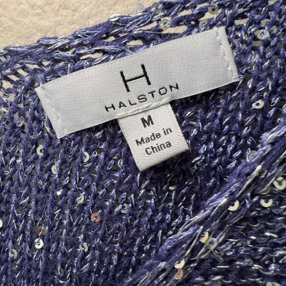 H Halston Silver Blue Sparkly Sequin Pull On V Neck Knit Sweater Size Medium - Picture 6 of 8